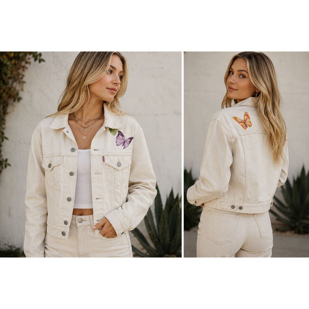 Levi’s Light Cream Denim Trucker Jacket XS Butterfly Graphic Front Back Classic